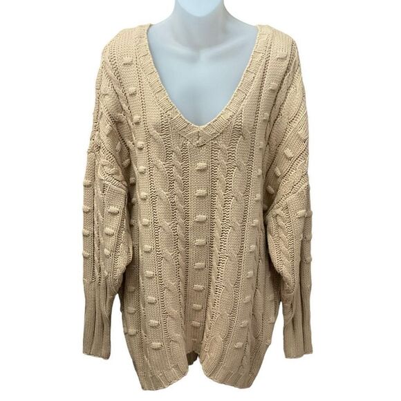 AFRM Sweater Tunic Chunky Cable Knit V Neck Tan Sand Boston Long Oversized XS/S - Picture 1 of 10